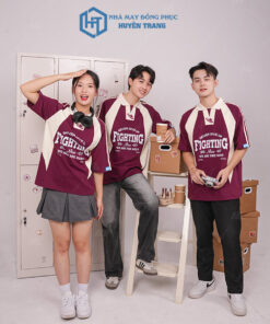 Mẫu Áo Đồng Phục Lớp Polo Oversize Cheerful Màu Đỏ Mận